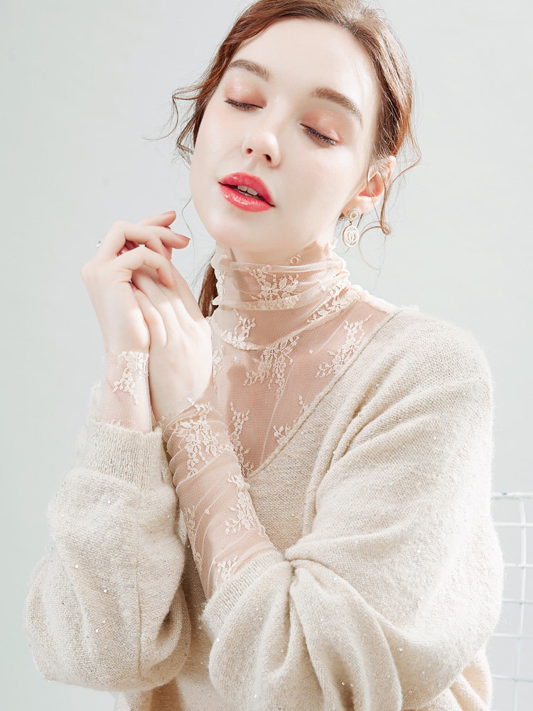 透视高领蕾丝打底衫女长袖新款内搭沙t性感镂空内衬网纱仙气上衣