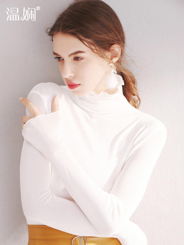 高领网纱打底衫女修身内搭长袖t恤木耳边白色蕾丝衫秋冬洋气上衣