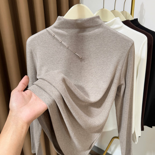 秋冬新款半高领慕斯螺纹打底衫女内搭高级感磨毛加绒保暖长袖上衣