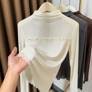 春秋2026新款半高领亮丝网纱打底衫女长袖薄款叠穿内搭蕾丝上衣女