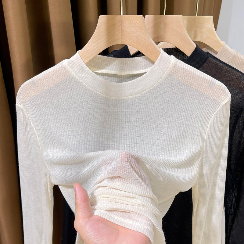 春秋螺纹内搭小衫薄款2025新款圆领针织打底衫女高级感面膜肌底衣