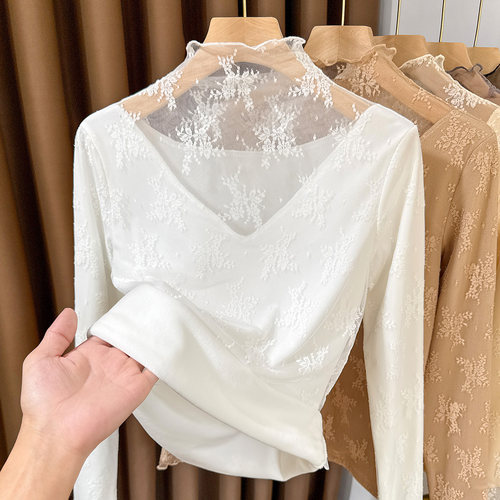 白色半高领加绒蕾丝打底衫女秋冬保暖内搭小衫木耳边叠穿洋气纱衣