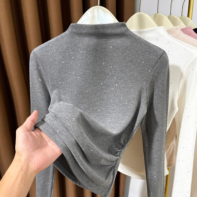 秋冬半高领德绒打底衫女2025新款亮片褶皱软糯洋气内搭小衫高级感