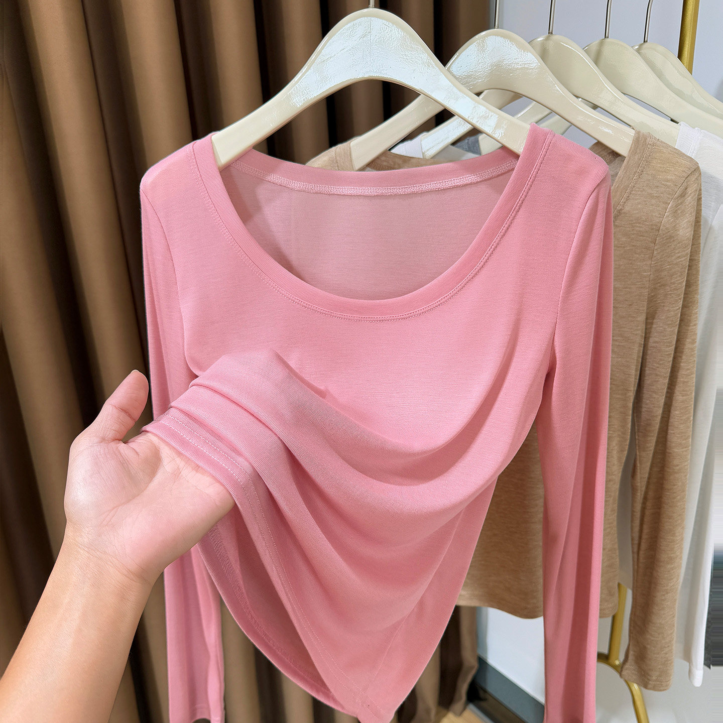 粉色低领薄款针织打底衫女2026新款春秋高级感内搭大圆领长袖T恤,女装/女士精品,毛针织衫,淘宝优惠券,粉丝福利购,淘宝优惠卷