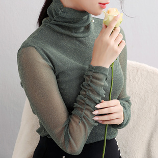 透视闪光亮丝网纱打底衫 内搭薄款 上衣女2019秋冬款 金银丝高领长袖