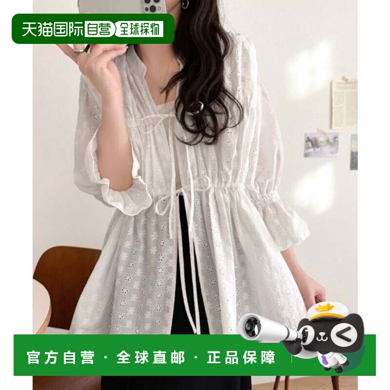日本直邮Classical Elf 纯棉双蝴蝶结糖果袖蕾丝半袖衬衫 米白色
