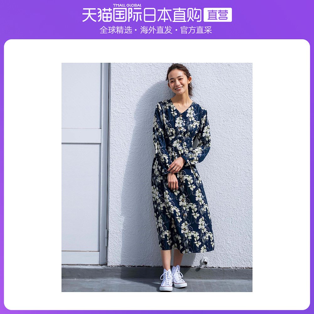 日本直邮GeeRA [WEB only] 腰线印花连衣裙（海军蓝）