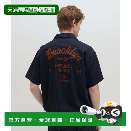 日本直邮Brookl 衬衫 深蓝色 亚麻棉混纺短袖