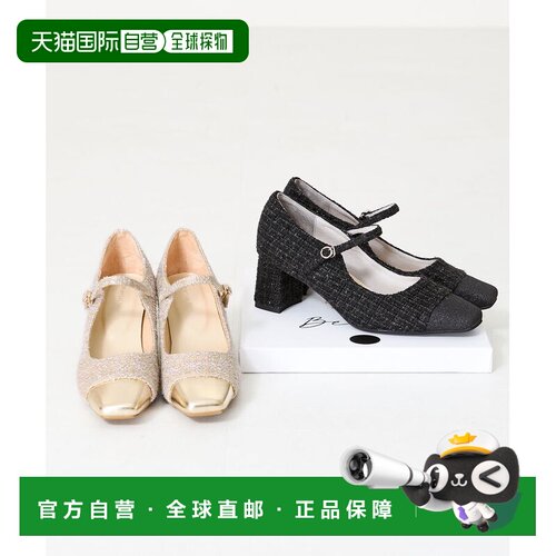 日本直邮女士高跟鞋 米色 粗花呢拼接 41309玛丽珍鞋