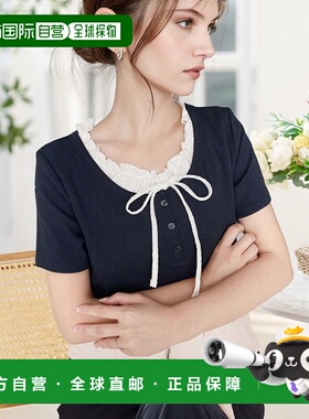 1h可退 日本直邮moment+ 女士韩版蕾丝拼接亨利领T恤 mt07226