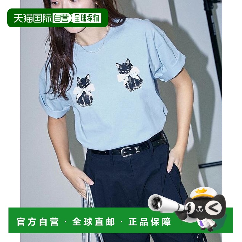 1h可退 日本直邮PUBLUX 绒面丝带猫咪印花T恤 限量时尚休闲新款