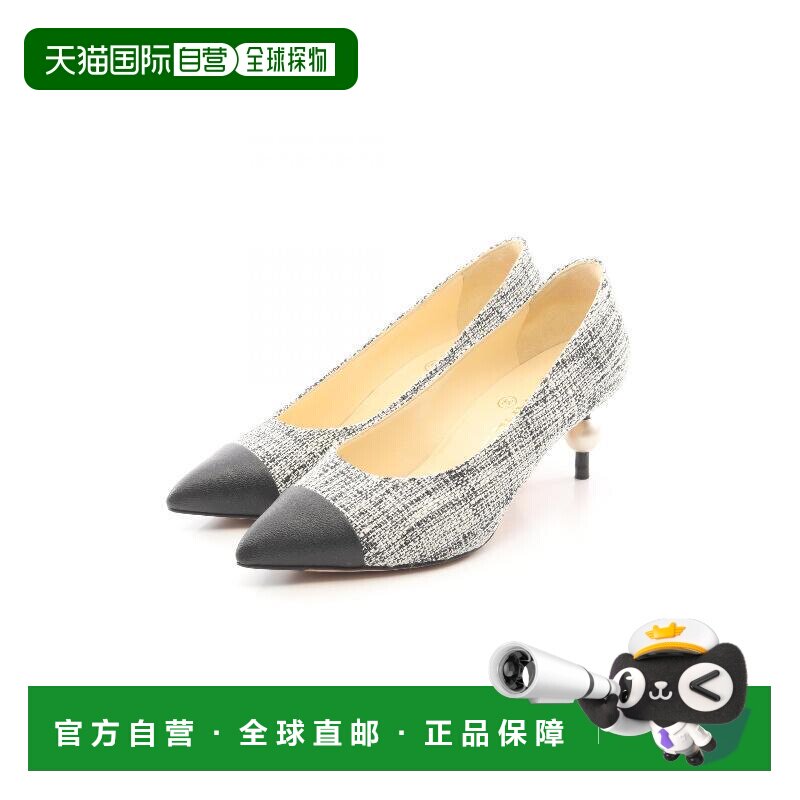 日本直邮中古Chanel香奈儿女A级95新pumps高跟鞋呢子/粗花呢鞋黑图片