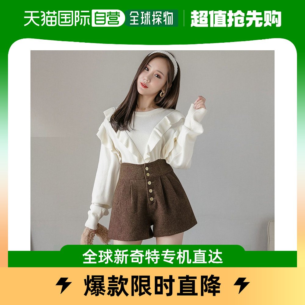 【日本直邮】Zoe Jenko女士高腰短裤金色纽扣褶饰时尚休闲棕色