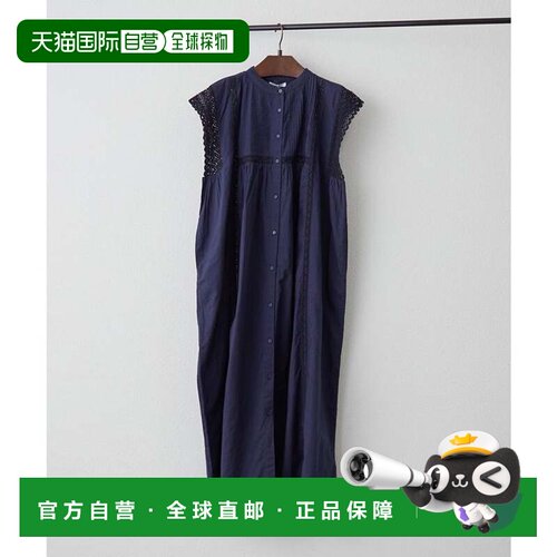 日本直邮NAO India Series 前襟纽扣褶袖蕾丝连衣裙 藏青色