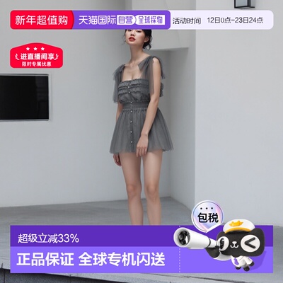 日本直邮日潮 GRL肩带蝴蝶结薄纱吊带蕾丝荷叶边连衣裙上衣DK1519