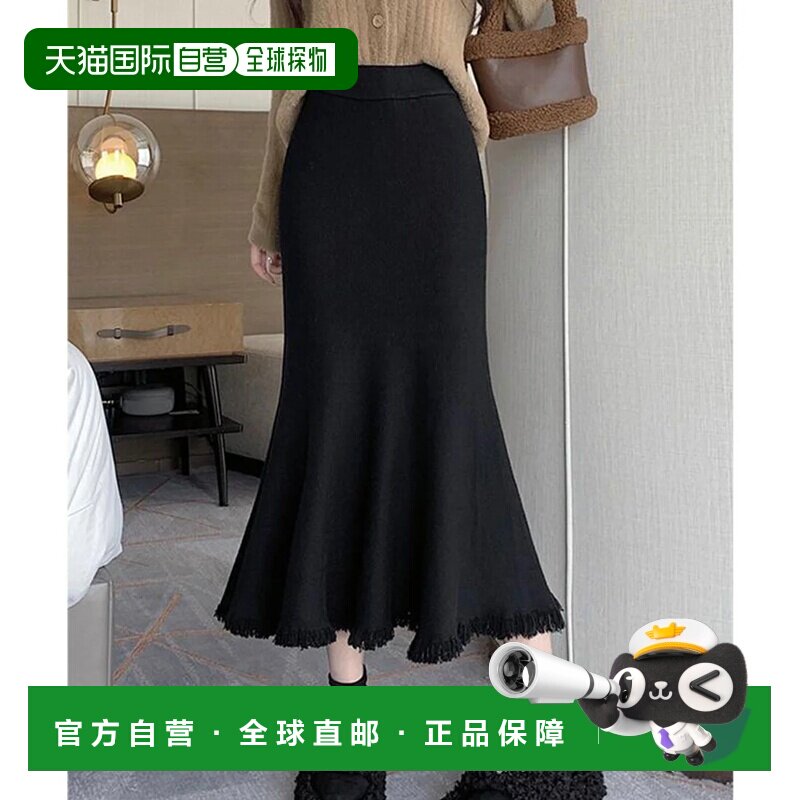日本直邮蕾丝女士高腰美人鱼流苏针织裙 黑色半身裙鱼尾裙