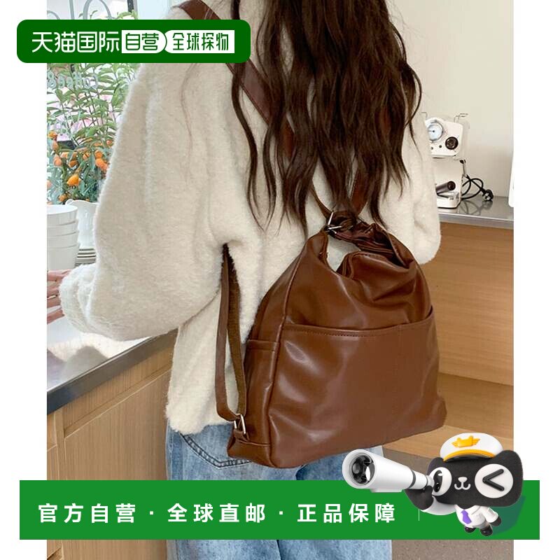 日本直邮简约多口袋真皮感单肩包双肩包手提包 棕色背包