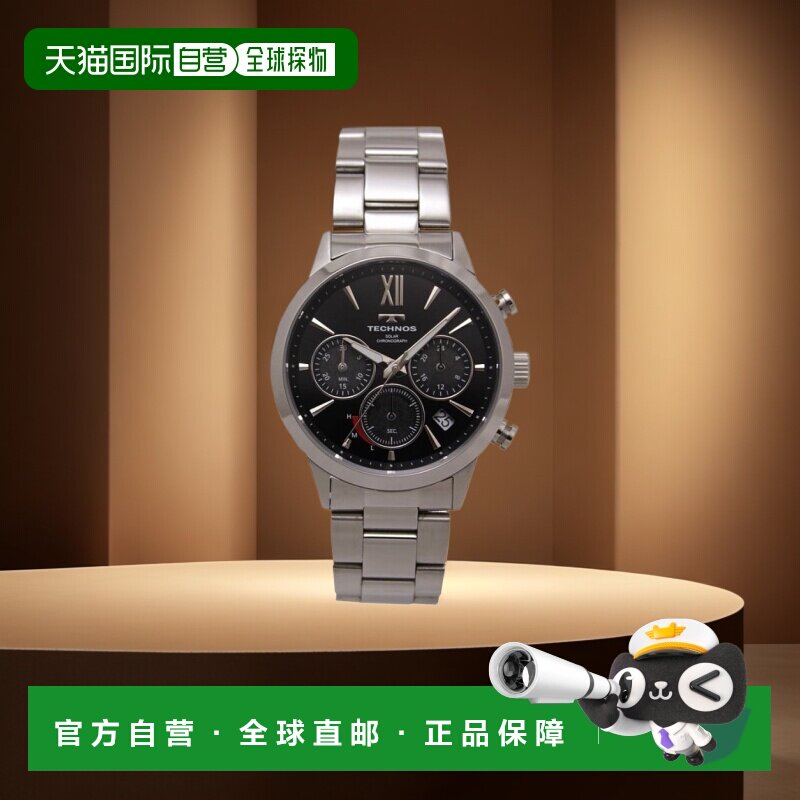 日本直邮TECHNOS 手表男士太阳能计时码表黑色/银色 Time Time 限
