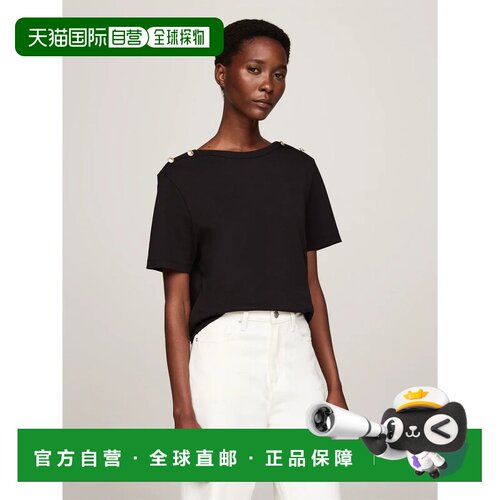 日本直邮TOMMY HILFIGER 金色纽扣圆领上衣 黑色短袖条纹