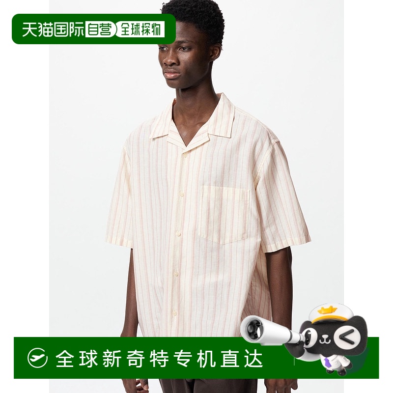 日潮跑腿UNIQLO优衣库 棉麻短袖条纹衬衫 13 RED 男女兼用 L 4779