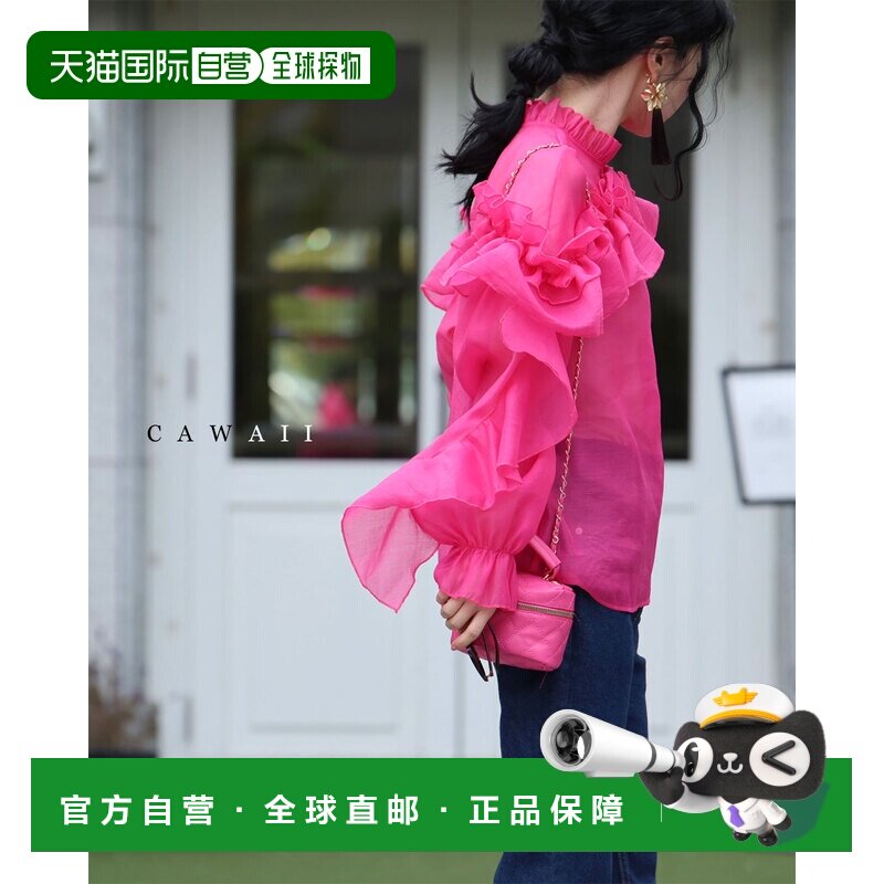 日本直邮一件飘逸的荷叶边薄纱衬衫上衣胸前别着一朵玫瑰花图片