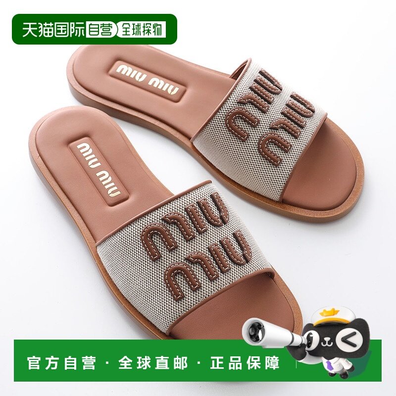日本直邮MIUMIU 凉鞋 5XX644 Q1D 女士帆布 x 皮革标志平底鞋 F06,女鞋,人字拖,淘宝优惠券,粉丝福利购,淘宝优惠卷