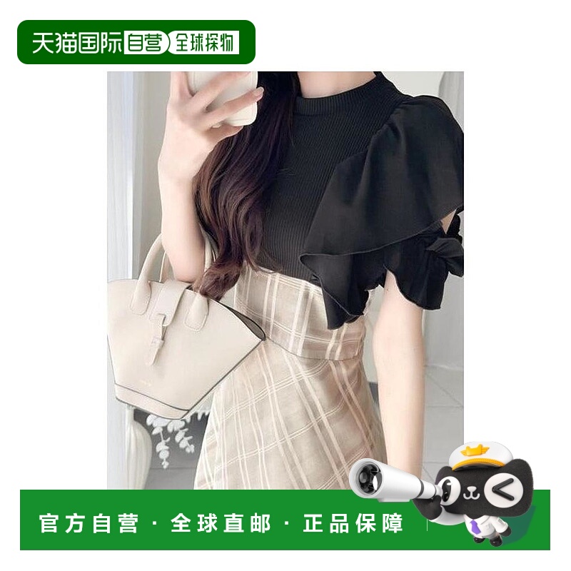 日本直邮日潮 mily bilet双层荷叶袖格纹蕾丝拼接连衣裙mi1139024