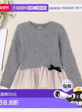 1h可退 日本直邮petit main 儿童 宽松针织拼接网纱蓬蓬上衣 9654