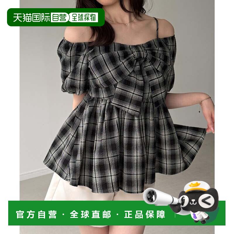 日本直邮JUNOAH 蝴蝶结设计荷叶边上衣 藏青色泡泡袖