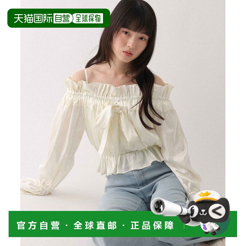 日本直邮Heather女装缎面一字领衬衫 胸前大蝴蝶结+荷叶边设计 65