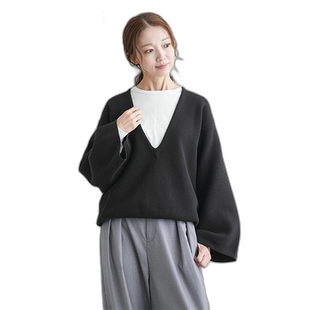 日本直邮SMA-KNIT-WD-VPO SOLAMONAT 威化针织宽袖 V 领套头毛衣