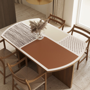 侘寂简约拼色椭圆形桌垫防水防油防烫免洗皮革餐桌布弧形茶几台布