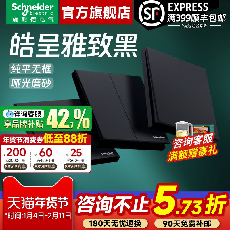 施耐德开关插座官方旗舰店 皓呈黑错位斜五孔带开关usb插座面板,电子/电工,电源插座,淘宝优惠券,粉丝福利购,淘宝优惠卷