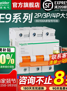施耐德空气开关断路器 E9大功率2P 3P 4P 80A-100A空开动力总闸