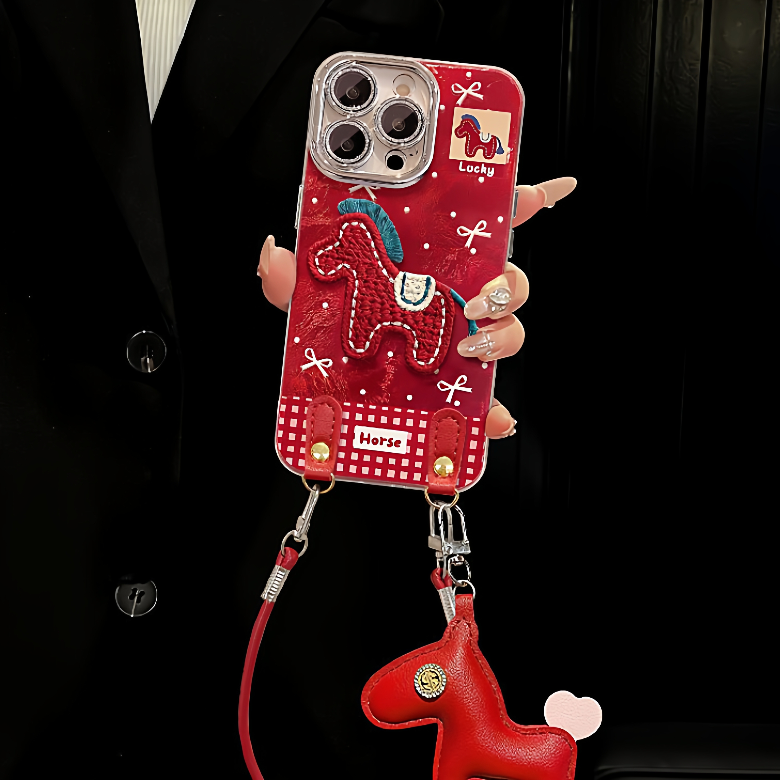 立体刺绣红马适用苹果手机壳