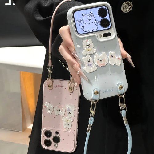 可爱波点小狗挂绳适用苹果手机壳
