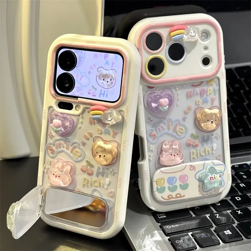 立体彩虹小熊支架适用苹果17手机壳iPhone16/15PROMAX透明华为PURA80可爱NOVA15情侣MATE60PRO防摔RENO14小米