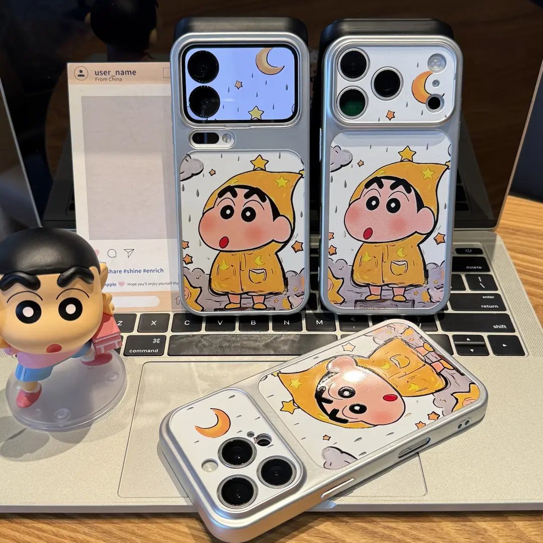 雨天蜡笔小新适用苹果17手机壳iPhone16/15电镀华为PURA80可爱MATE60PRO秒变视窗VIVOX300防摔RENO15情侣小米