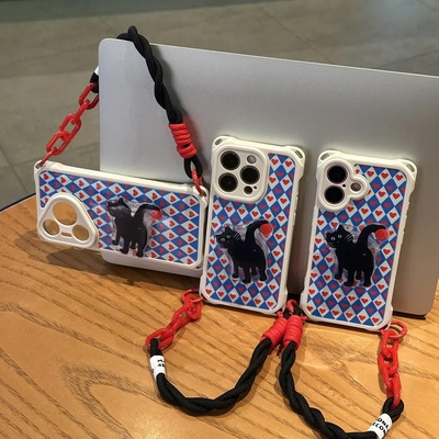 爱心菱格纹四角挂绳手机壳