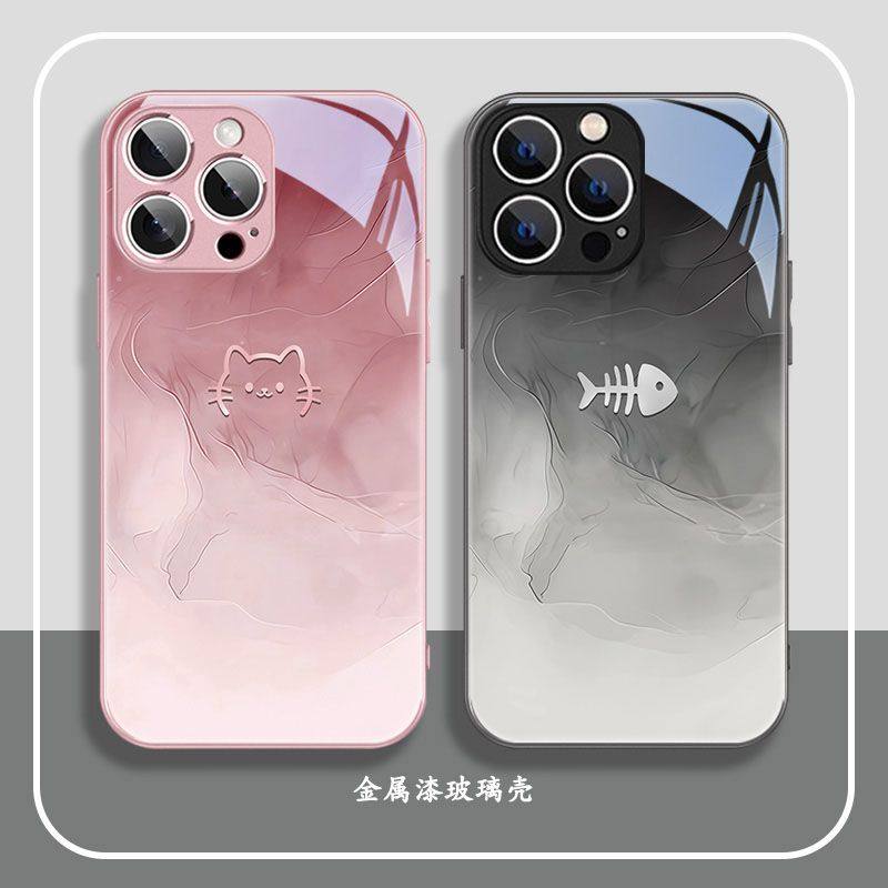 线条猫咪鱼骨适用苹果17手机壳iPhone16/15PRO新款华为PURA80创意MATE60情侣NOVA14防摔X200S卡通A6PRO小米17