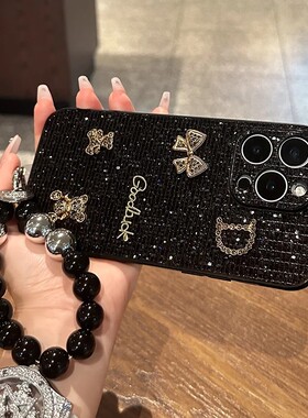 闪钻亮片黑色蝴蝶小熊适用苹果17手机壳iPhone16PROMAX秋冬华为MATE60PRO小香风PURA80高级VIVOS19防摔RENO14