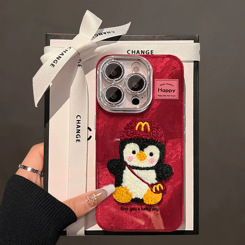 毛绒企鹅贴件适用任意型号手机壳