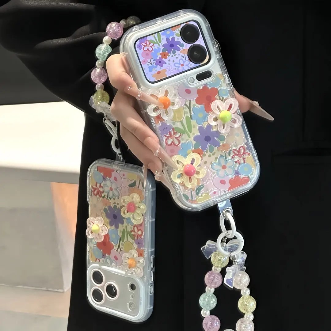彩色立体花朵珠链适用苹果17手机壳iPhone16/15PROMAX透明华为PURA80创意NOVA15全包MATE60PRO个性S50红米K90