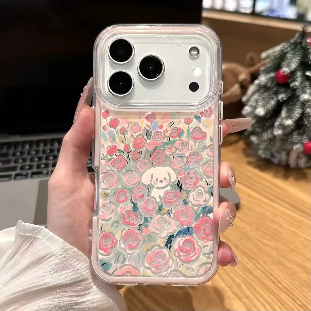 满屏玫瑰小狗适用苹果17手机壳iPhone16/15PROMAX三合一软壳华为PURA80可爱NOVA15闺蜜VIVOS50创意MATE60超火