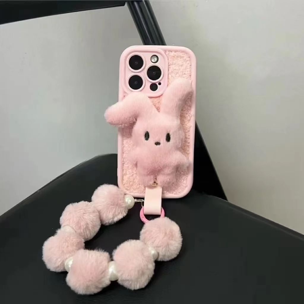 毛绒粉色兔子适用苹果16手机壳iPhone15/14秋冬新款13/12创意11PROMAX防摔XS/XR超火14PLUS小众XSMAX保护套IP