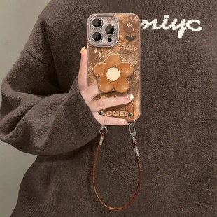 棕色花支架适用苹果17AIR手机壳iPhone16 15PROMAX秋冬华为NOVA14闺蜜PURA80创意MATE60PRO超火VIVOS30荣耀90