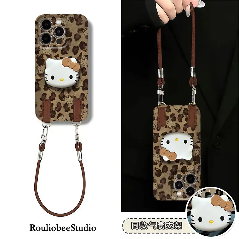 豹纹KT支架挂绳适用苹果手机壳