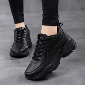 全黑色皮面防水休闲运动鞋 女 女高帮久站不累脚防滑厨房上班工作鞋