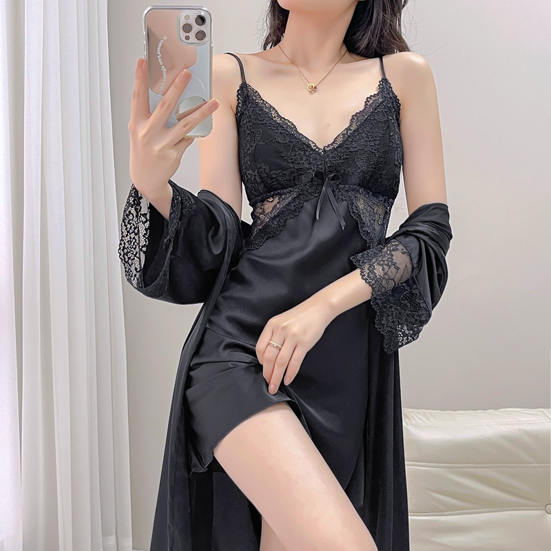 2025春夏季新款性感睡衣女薄款纯欲吊带睡裙睡袍两件套带胸垫蕾丝