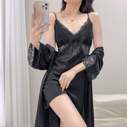 向娜春夏季新款性感睡衣女薄款纯欲吊带睡裙睡袍两件套带胸垫蕾丝